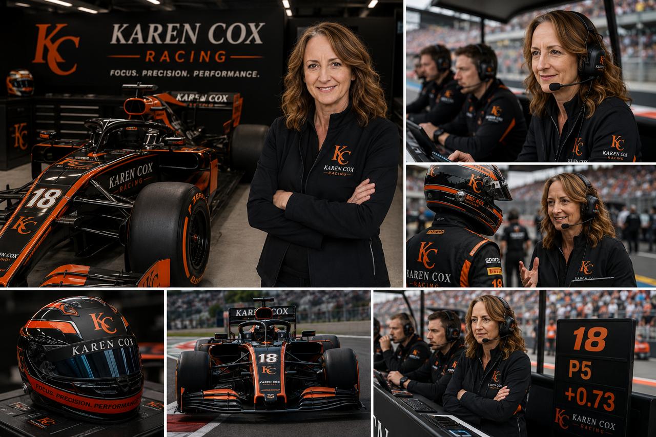 Karen Cox Racing — F1 team principal collage: garage, pit wall, car, helmet
