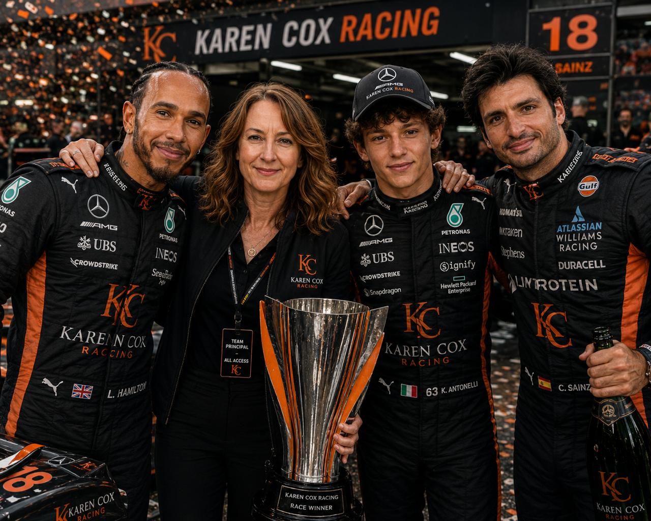 Karen Cox Racing — F1 victory celebration with drivers and trophy